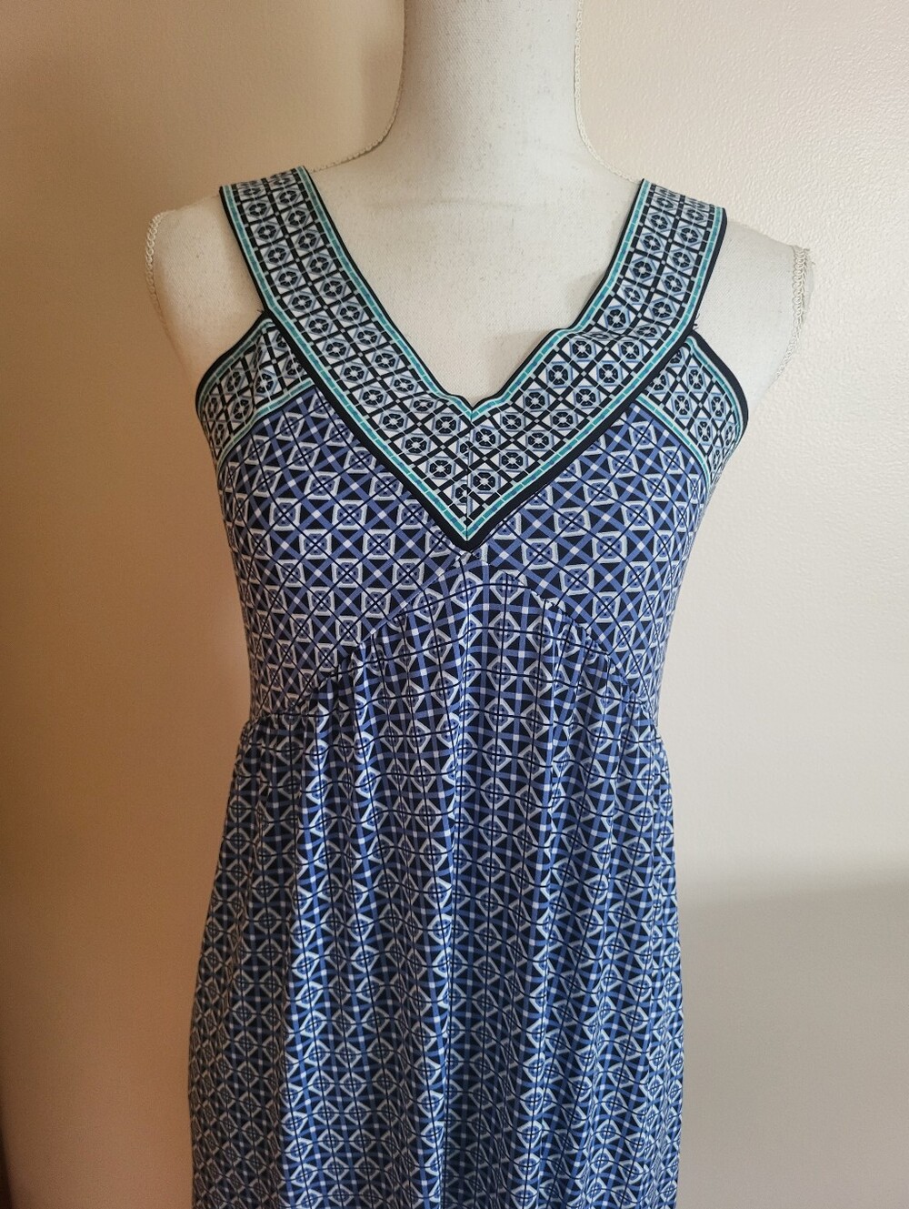 Max Studio Geometric V-Neck Maxi Dress Blue White Size Medium
